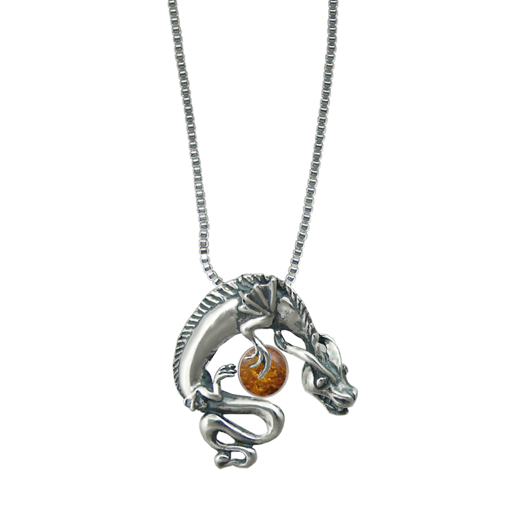 Sterling Silver Playful Dragon Pendant With Amber